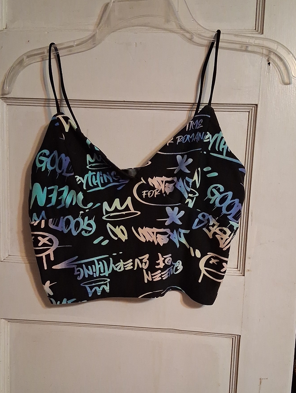 Faded Rose Black Graffiti-Print Crop Cami with Multicolor Accents